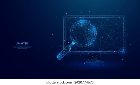 Data analysis on laptop with low poly abstract magnifying glass on blue background. Financial monitoring concept. Financial goals.