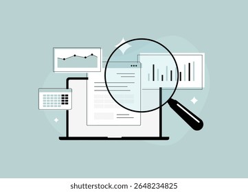 Data analysis on laptop screen with magnifying glass, charts and performance metrics for data analysis, business intelligence. Digital audit and business analytics dashboard. Vector illustration