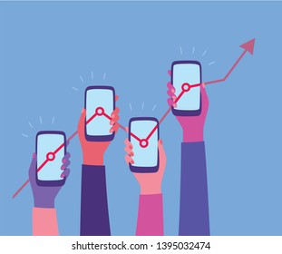 Data Analysis on mobile Application. Female hands holding smartphones with successful business development. Stock market growth. Modern marketing concept. 