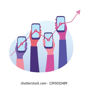 Data Analysis on mobile Application. Female hands holding smartphones with successful business development. Stock market growth. Modern marketing concept. 