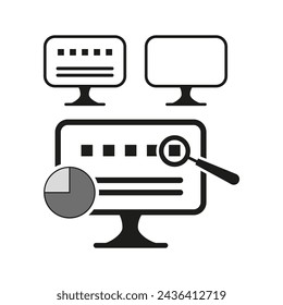 Data analysis on monitors. Search magnifying glass icon. Digital analytics concept. Vector illustration. EPS 10.