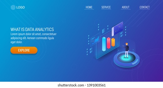 Data analysis on screen, Digital report, Marketing analytics, 3D isometric vector banner with icons and texts