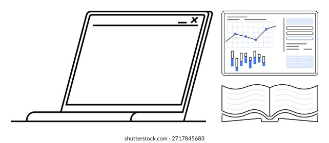 Análise de dados, educação on-line, pesquisa, ferramentas de produtividade, crescimento da empresa, apresentações visuais. Notebook com tela em branco, gráficos de dados e um livro aberto. Análise de dados e educação on-line