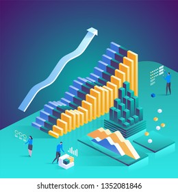 Data Analysis. Online statistics. Vector isometric illustration for landing page, web design, banner and presentation.