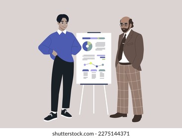 Data analysis and optimization, a character pitching a project printed on a flip chart