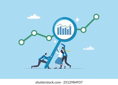 Data analysis, optimization or marketing analytics for statistics improvement, growth or KPI measurement result, chart or diagram concept, business people hold magnifying glass analyzing data chart.