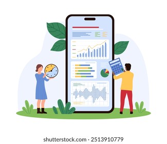 Data analysis, optimization in mobile app. Tiny people research trend or stock market graphs, documents and infographic charts, analytics platform on smartphone screen cartoon vector illustration