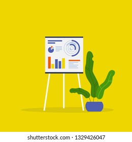 Data analysis. Optimization. Presenting the research report.  Flip chart. Flat editable vector illustration, clip art