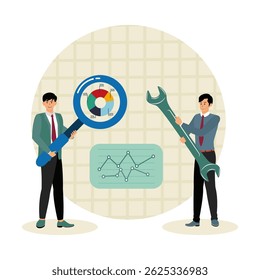 Análise de dados e otimização para SEO, analisar o conceito de tendência de negócios, os empresários usam lupa e otimizam ferramentas para analisar gráficos e gráficos.