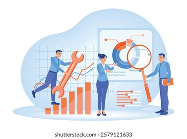 Data analysis and optimization for SEO. Businessman using magnifying glass and optimizing tools for analyzing charts and graphs. Business Analysis Instruments concept. Flat vector illustration.