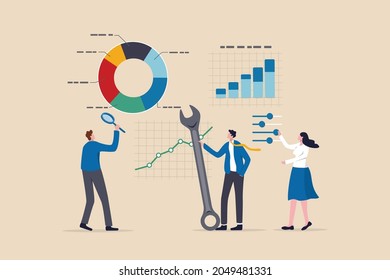 Data analysis and optimization for SEO, marketing research user and customer behavior, analyze business trend concept, business people using magnifier and optimize tools to analyze chart and graph.