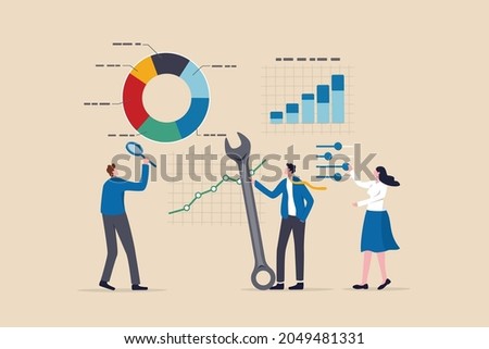 Data analysis and optimization for SEO, marketing research user and customer behavior, analyze business trend concept, business people using magnifier and optimize tools to analyze chart and graph.