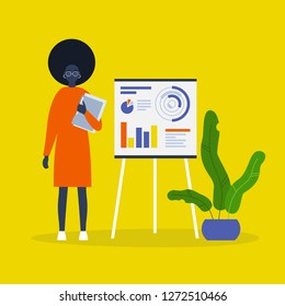 Data analysis. Optimization. Young black female character presenting the research report. Flat editable vector illustration, clip art