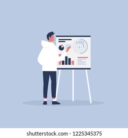 Data analysis. Optimization. Young character presenting the research report. Flat editable vector illustration, clip art