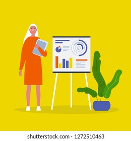 Data analysis. Optimization. Young female character presenting the research report. Flat editable vector illustration, clip art