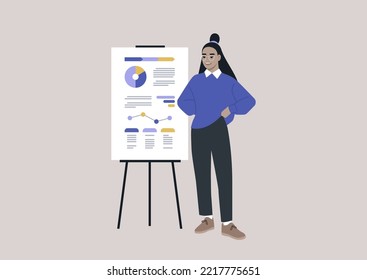 Data analysis and optimization, Young female Asian character presenting a research report printed on a flip chart