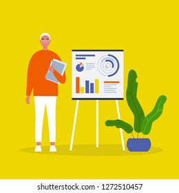 Data analysis. Optimization. Young male character presenting the research report. Flat editable vector illustration, clip art