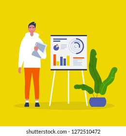 Data analysis. Optimization. Young male character presenting the research report. Flat editable vector illustration, clip art