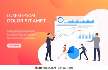 Data analysis orange presentation illustration.People analyze big data. Business result concept. Vector illustration can be used for topics like presentation, business, competition