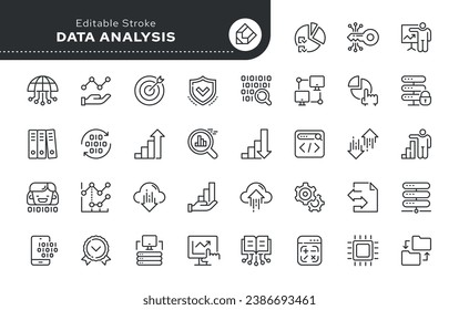 Iconos lineales del esquema de análisis de datos. Base de datos, optimización y procesamiento. Almacenamiento y transmisión de datos. El vector establece iconos Web en un estilo lineal.