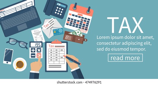 Data analysis, paperwork, financial research, report. Businessman calculation tax government, state. Flat design vector illustration. 