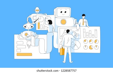 Data analysis performed using artificial intelligence algorithms concept. Robots help project team in business analysis. Data Visualization vector illustration of making market research for web.