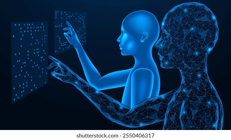 Data analysis, a person works together with artificial intelligence. Polygonal design of lines and dots. Blue background.