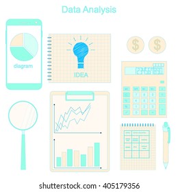 Data analysis. Phone for communication. The charts and graphs. Calculation of income. Business ideas and income. A set of financial instruments. Accounting. Vector illustration.
