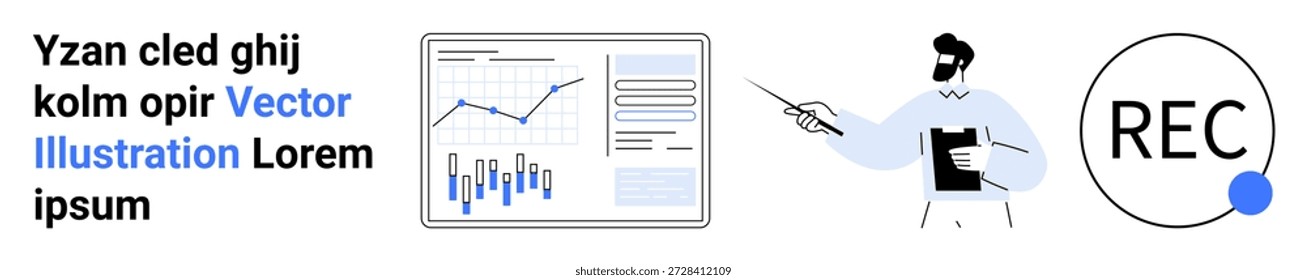 Video Análisis de datos, habilidades de presentación, aprendizaje en línea, grabación, herramientas digitales, concepto de formación empresarial. Gráfico y hombre presentando información de datos. Análisis de datos y tema de habilidades de presentación