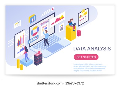 Data analysis process, big data concept 3d isometric vector illustration. People interacting with virtual screen charts and analyzing statistics.