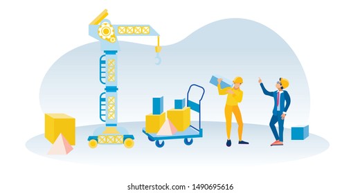 Data Analysis Process Cartoon Metaphor with People. Flat Builder and Boss Chief Constructing Charts and Graphs for Business Activity Diagram. Analytics Teamwork, Collaboration. Vector Illustration