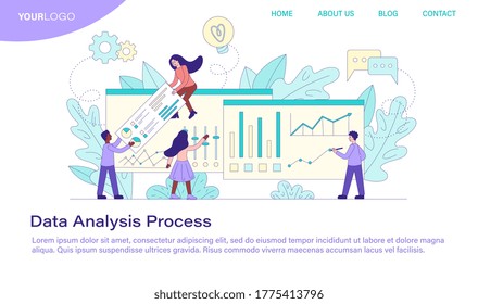 Data Analysis Process showing a diverse business team working with statistical graphs and charts, colored vector illustration