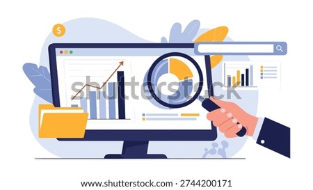 Data analysis process showing a large magnifying glass inspecting financial bar charts and pie graphs displayed on a desktop computer.