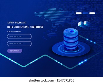 Data analysis processing big data computing, information flow, data center server room concept dark neon isometric vector, futuristic data prcessing Data analysis processing big data computing, information flow, data center server room concept dark neon isometric vector, futuristic data prcessing