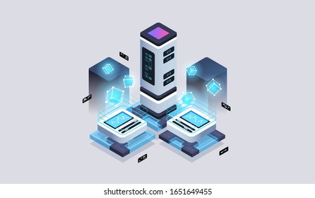 Data analysis processing big data computing, information flow,digital science lab. Tech visualization concept. 3d isometric vector illustration.