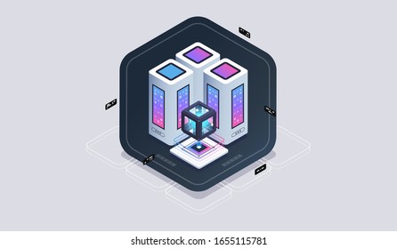 Data analysis processing big data computing, information flow,digital science lab. Tech visualization concept. 3d isometric vector illustration.