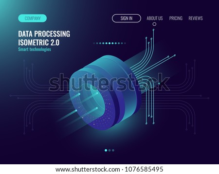 Data analysis processing big data computing, information flow,digital science lab, data center server room concept dark neon isometric vector