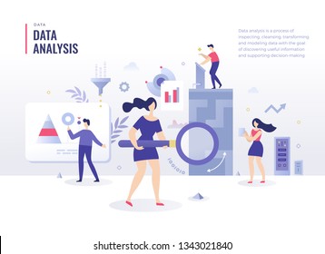 Data Analysis And Processing Concept. People Extract Information From Data Using Computers And Personal Devices, Interacting With Abstract Graphs And Working In Team. Flat Design Illustration