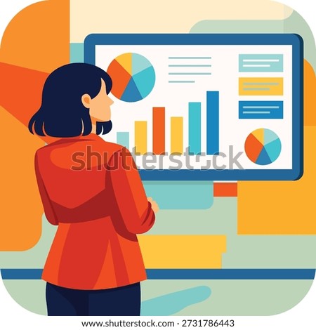 Data analysis professional reviews colorful business growth charts and pie graphs on a digital office dashboard screen. Isometric flat vector illustration.