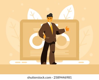 Data analysis program. Standing businessman with thumb up dressed in a business suit. Business statistics and analytics. Financial reports on laptop screen. Creation of reports and declarations