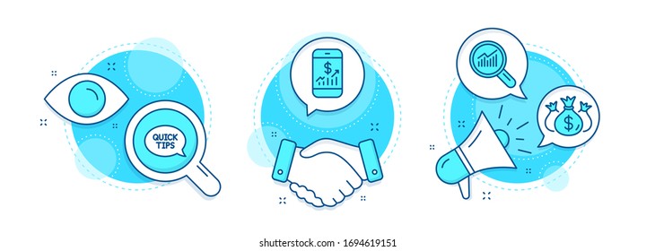 Data analysis, Quickstart guide and Check investment line icons set. Handshake deal, research and promotion complex icons. Mobile finance sign. Vector