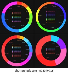 Data analysis radial diagram, pie or ring or donut chart with a dummy data. Set of four schematic representation, infographics elements. Vector illustration.