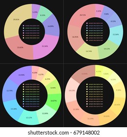 Data analysis radial diagram, pie or ring or donut chart with a dummy data. Set of four schematic representation, infographics elements. Vector illustration.