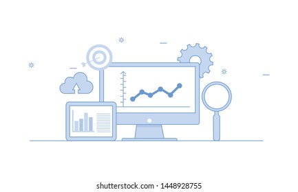 Data analysis related illustration. Research, information, analytic, report and strategy logo vector