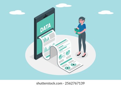 Data analysis report illustration. Woman examining data from a smartphone, representing data analysis and decision making.