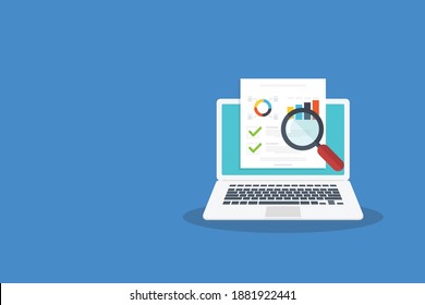 Data analysis, data report online on laptop computer, financial audit research analysis, analytics document web report, stats evaluation. Vector illustration