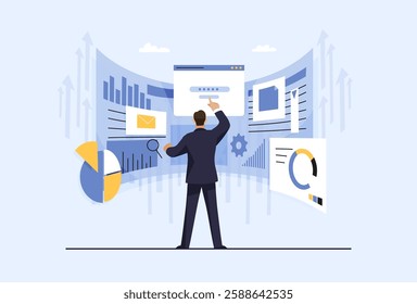 Data analysis, research charts and infographic diagrams for business, finance and economics. Businessman optimizes production strategy, manager plans company growth and development. Flat vector 