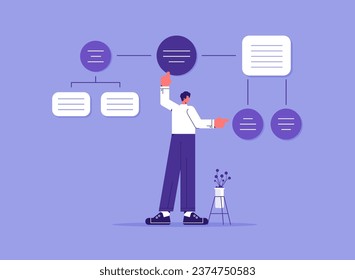 Data analysis, research concept or complex process flow chart, business flowchart. Manager works with algorithm scheme, information structure, system svg