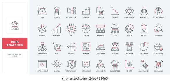 Data analysis and research, financial analytics and stock market trend monitoring by analysts team line icons set. Search and combine information thin black and red outline symbols vector illustration