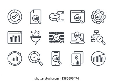 Data analysis and Research related line icon set. Processing linear icons. Statistics outline vector signs and symbols collection.